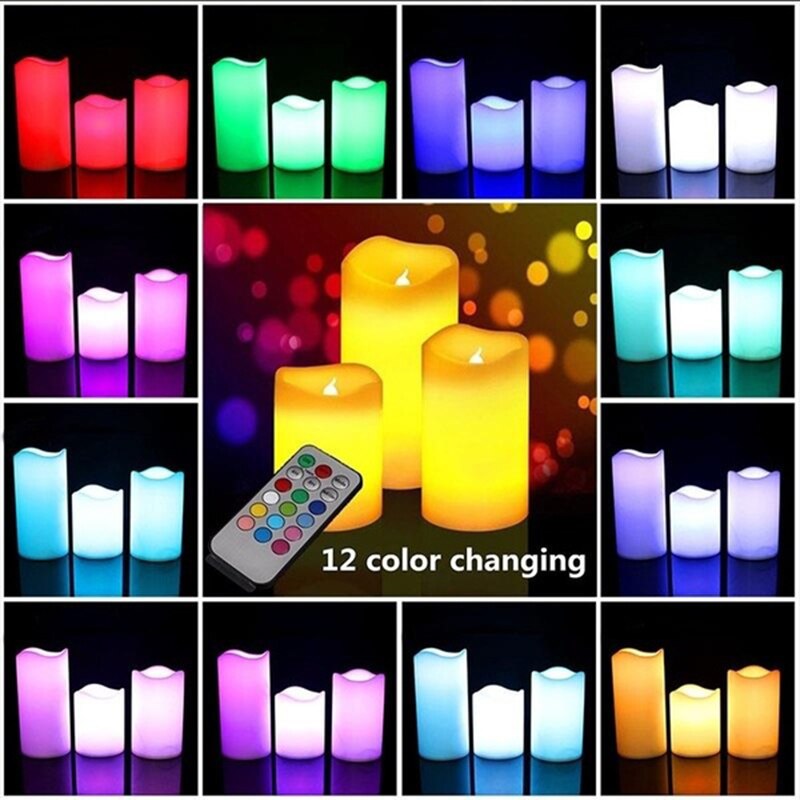 1/3 PCS Electronic Candle Flameless 12 Colors LED Changing Candles Night Light Timing Remote Control Simulation Candle Wedding
