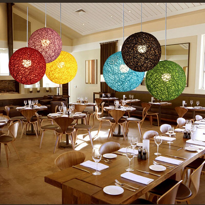 White Bamboo, Rattan And Hemp Ball Chandelier Individual Creativity Spherical Rattan Nest Lampshade