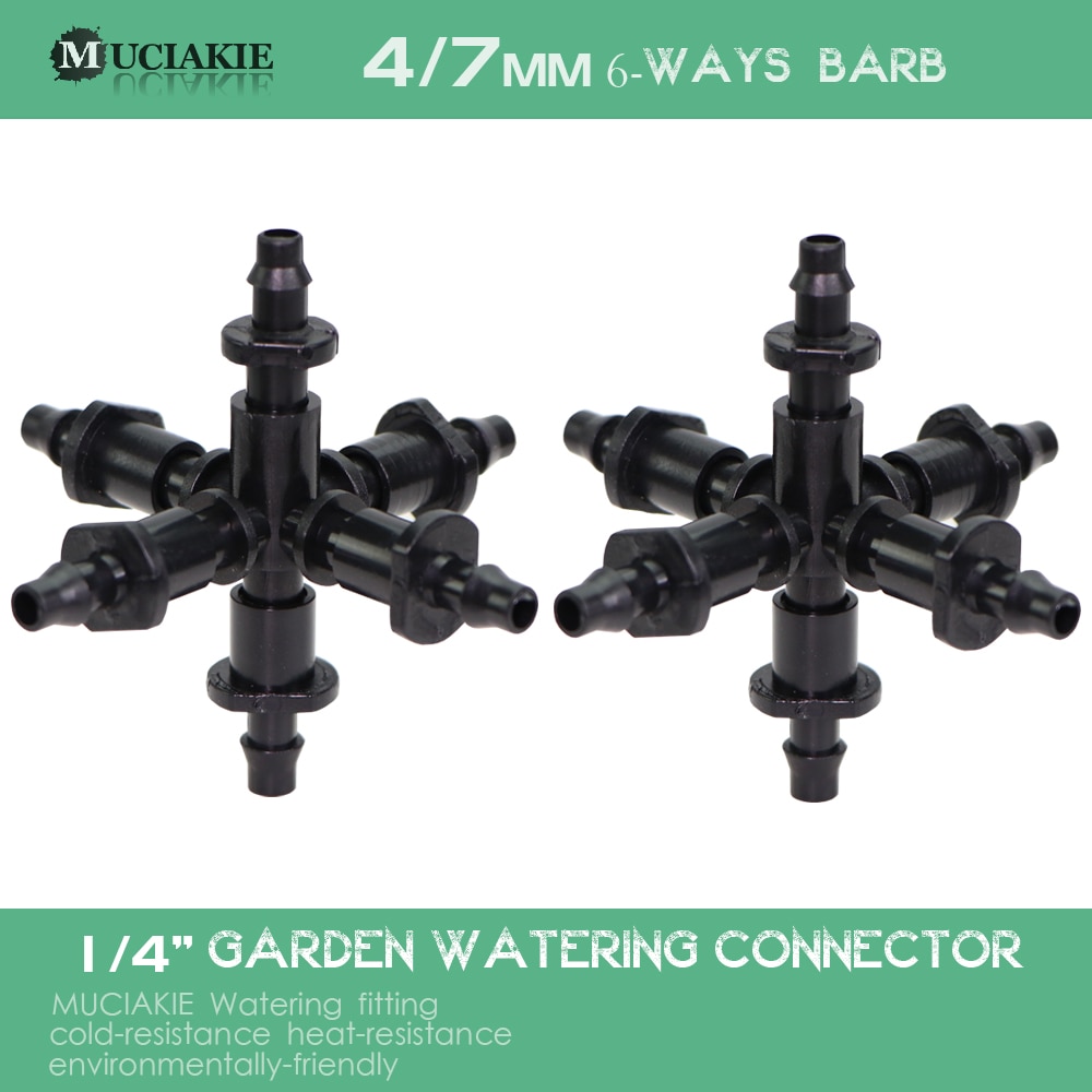 MUCIAKIE 4/7MM 6-Way Garden Water Connector for Micro Tubing 1/4'' Hose Water Splitters Micro Irrigation Coupling Adaptor Barbed
