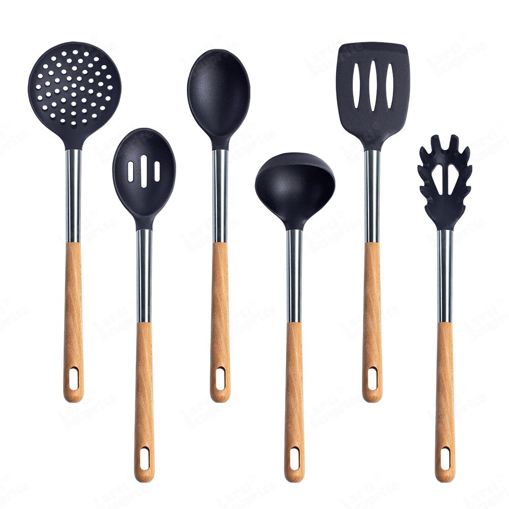 Kit d'ustensiles de cuisine en Silicone, ensemble d'outils de cuisine, accessoires allongés manche en bois massif, spatule cuillère Kit avec ustensiles de rangement: B06-B