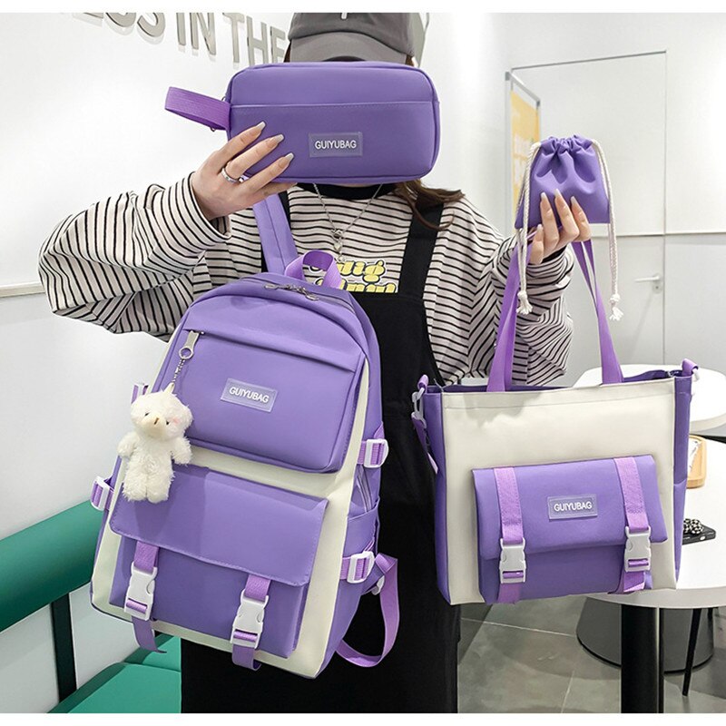 Fengdong 5 Stks/set Student Schooltas Zwart Wit Mode School Rugzak Voor Tienermeisjes Handtas Schoudertas Potlood Tas Set