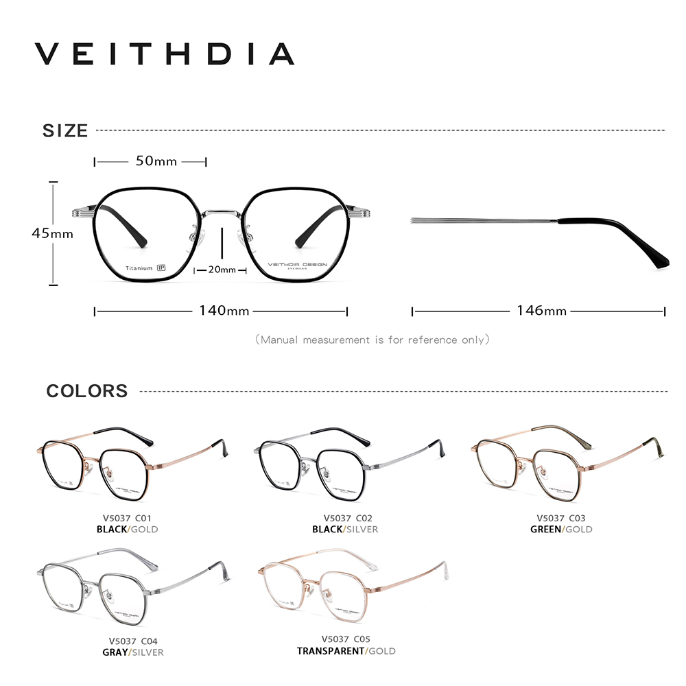 Veithdia-briller optiske titanbriller med +tr90 innfatninger, tilpassbare styrkeglass, menn og kvinner, nærsynthet, databriller med  v5037 innfatninger