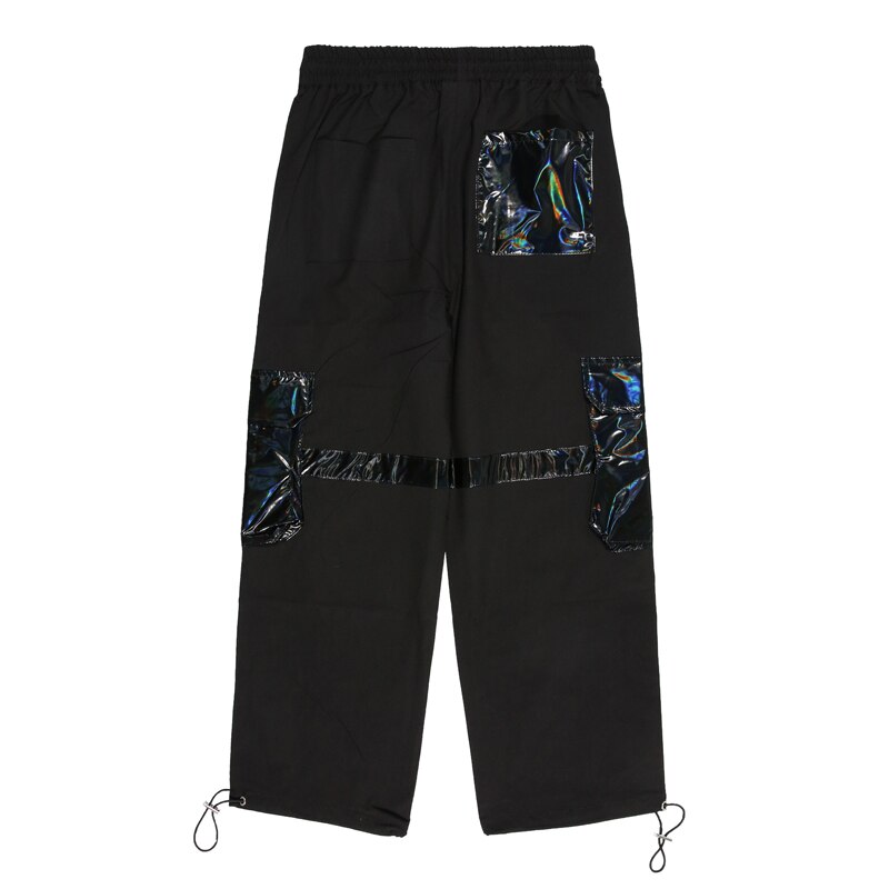 Pantalones negros brillantes charol Cargo bolsillos hombres Streetwear Harajuku pantalones de Harem con cordón ajustable cinta Joggers HipHop pantalones de chándal