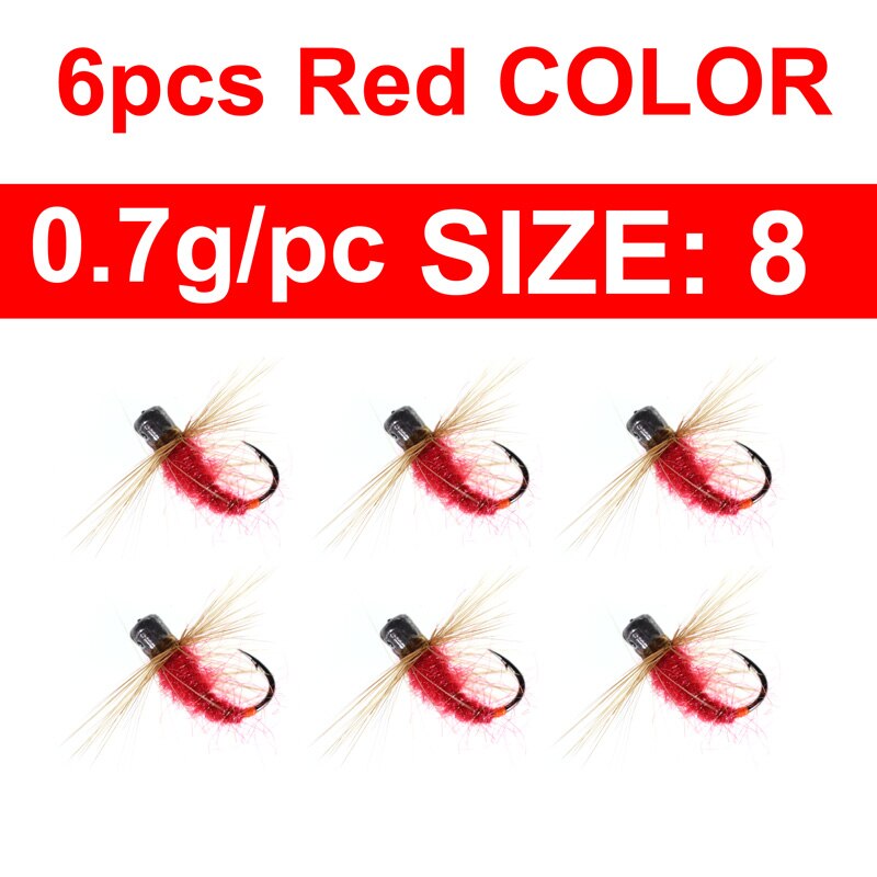 6Stck 1g 0,8g 0,5g 0,3g Gewichteten Buggy Wurm Fliege Eis Fischerei Locken Vorrichtungen Schnelle Untergang Nymphe Fliegen Köder für Winter Northland Angeln: 6Stck Größe8 rot