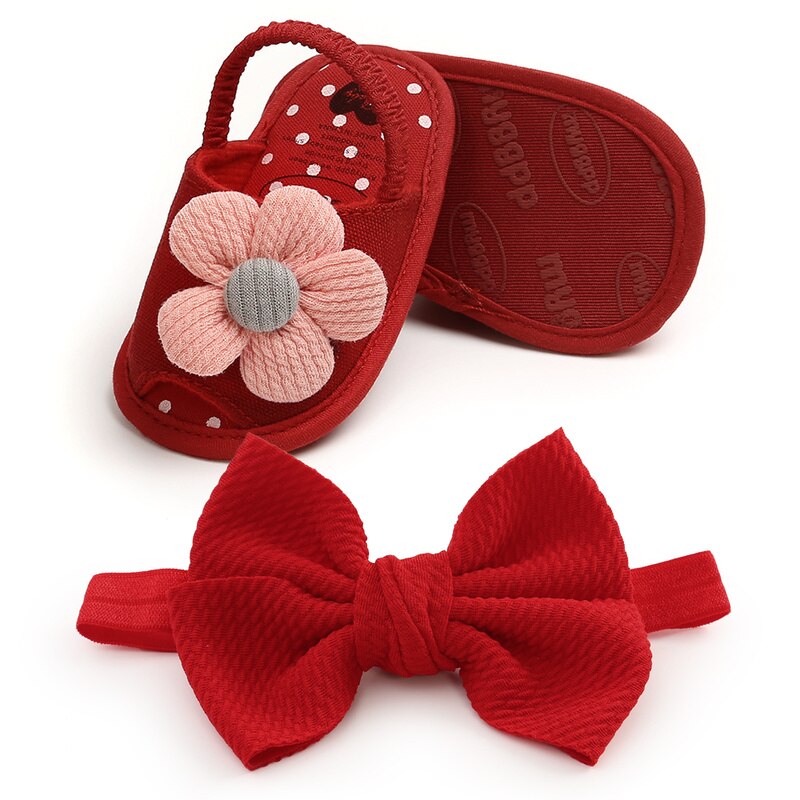 Fish mouth Sandals Baby Girls Shoes Sun Flower Newborn Bow Baby Girl Princess Sandals Cotton Shoes With Hair Band: Red / 0-6 Months