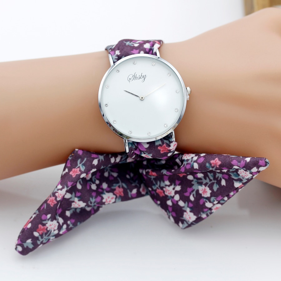 Shsby märke dam blomma tyg armbandsur strass silver kvinnor klänning klocka tyg klocka söt flicka armband klocka