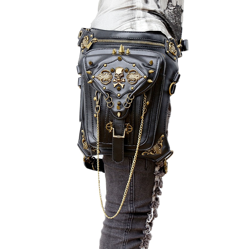 Moda feminina coldre perna saco da cintura de couro preto motocicleta coxa saco retro rock steampunk crossbody ombro hip volta packs