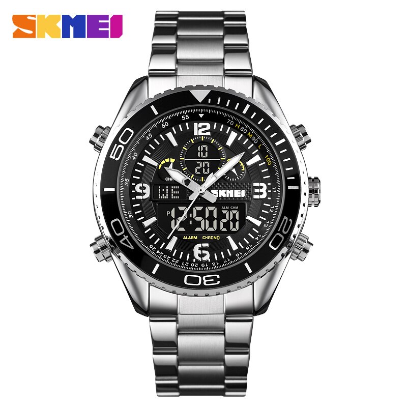 SKMEI 1600 Dual Display Watches Mens Digital Wristwatches Chrono Alarm Men Clock Waterproof Stainless Steel reloj hombre: silver black