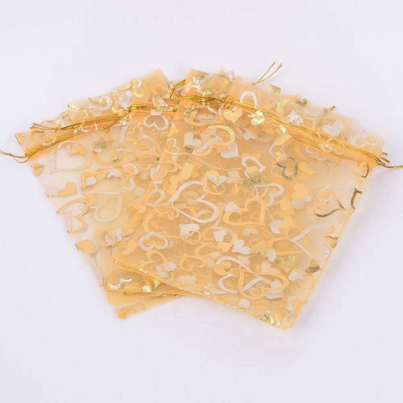 100Pcs 9X12 Cm Sheer Trekkoord Hart Organza Sieraden Pouches Wedding Party Kerst Favor Bags (Goud)