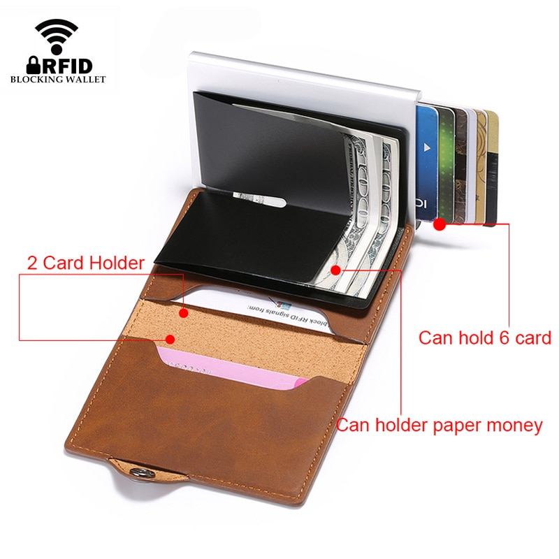 DIENQI Anti Rfid Credit Card Holder Case Men Slide Leather ID Card Holder Bank Aluminium Metal Wallet Creditcard Bag Popwallet