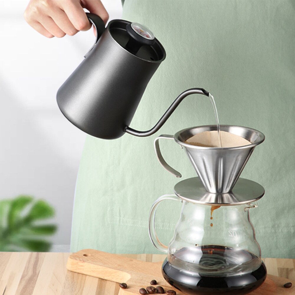 Drip Kettle 550ml Coffee Tea Pot With Thermometer Stainless Steel Gooseneck Drip Kettle Swan Neck Thin Spout For Pour Over