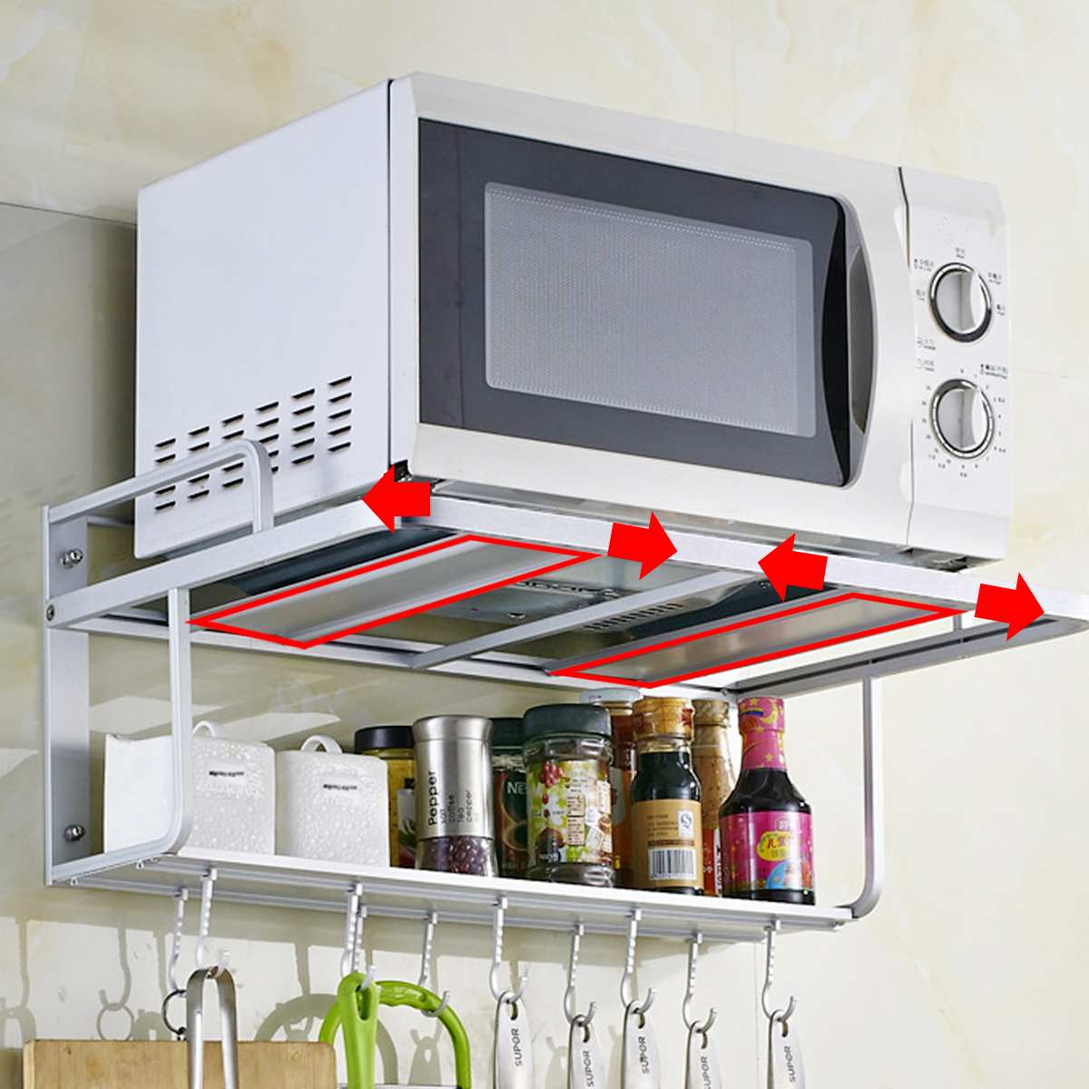 Estante para horno de doble pared antideslizante antióxido, soporte de aluminio para microondas, estante de almacenaje para cocina con gancho de suministro de cocina