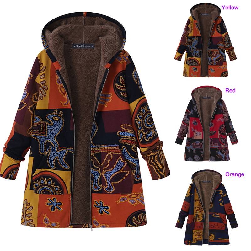 ZANZEA Parkas Autumn Long Sleeve Basic Outerwear Women Retro Hooded Ethnic Printed Faux Fluffy Thin Coat Plus Size Jackets
