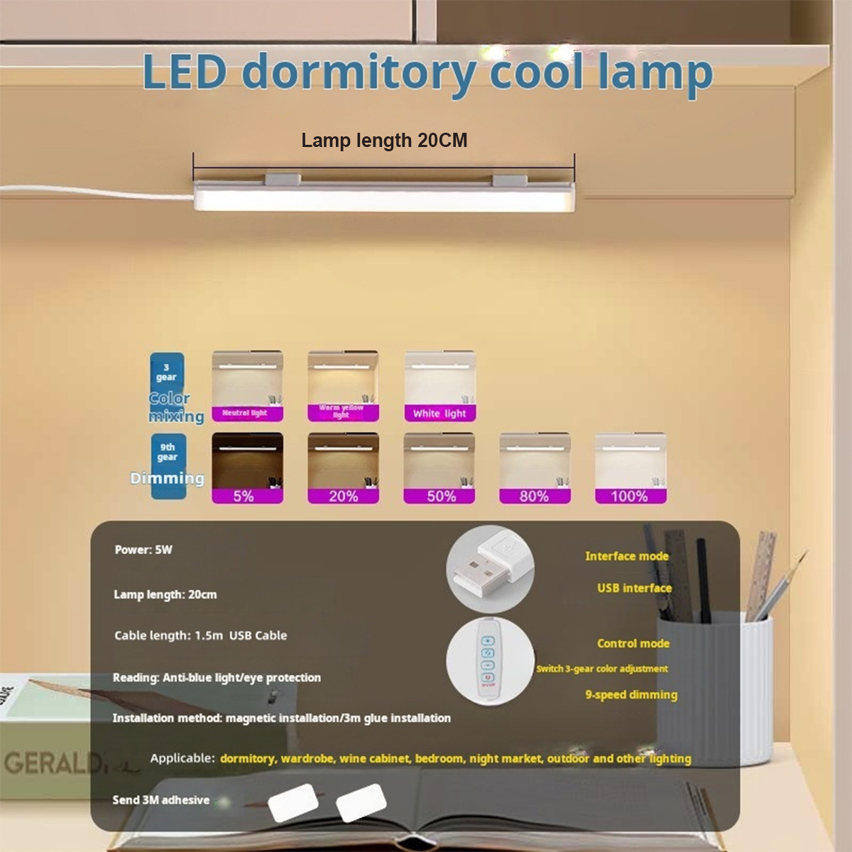 Usb-kontakt led-belysning under skåp, dimbar led-nattlampa med 3 färger, köks- och sovrumsbelysning med magnetremsa: Blå