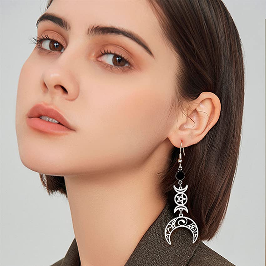Unift Pendientes góticos de acero inoxidable para mujer y hombre, aretes de pentagrama de Triple runa, fase lunar, joyería Vintage, Piercing de oreja, nudo de bruja