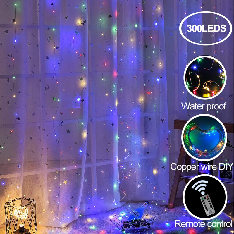 Rideau lumineux LED avec télécommande, 3x3M, USB, féerique, pour noël, nouvel an, extérieur, mariage, fête à domicile, décoration