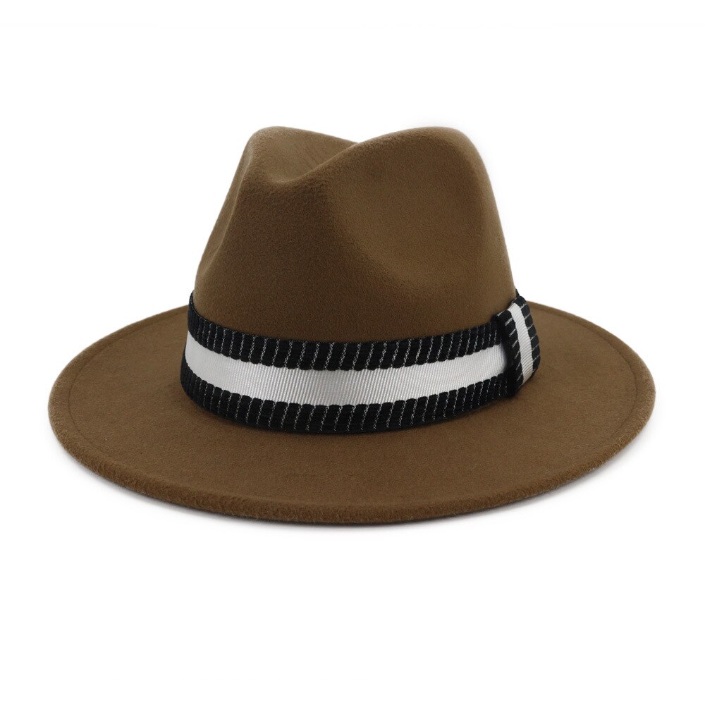 Fs leveälierinen fedora hattu naisille villahuopahatut miehille syksy talvi panama gamble jazz lippalakki raidallinen musta valkoinen nauha: Khaki