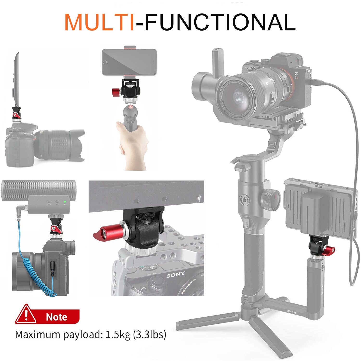 Field Monitor Mount on-Camera Microphone Bracket Stand LED Light Holder Base Adjustable Angle Tilt 175° Swivel 360° w/ Shoe