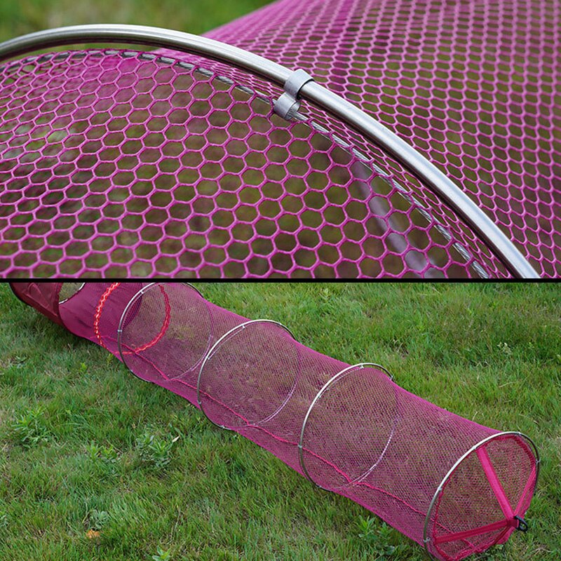 Fishing Net Collapsible Shrimp Bait Trap Dip Net Cage Keep Alive Nylon Mesh Stainless Steel Double-Loop Fish Accessories Bag