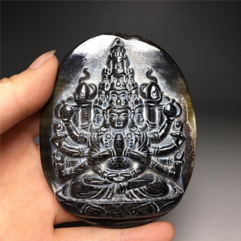 Cuerno de buey antiguo de China tallado a mano, Buda de mil manos, amuleto Guanyin Maitreya, estatua Feng Shui, decoración, colgante Ornamental: Guanyin2