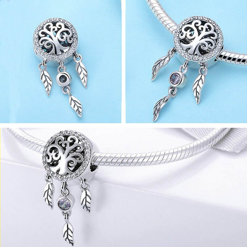 BISAER 925 Sterling Silver Beads Dreamcatcher Charms Dream catcher Beads Fit Charm Silver 925 Bracelet Vintage Jewelry ECC330