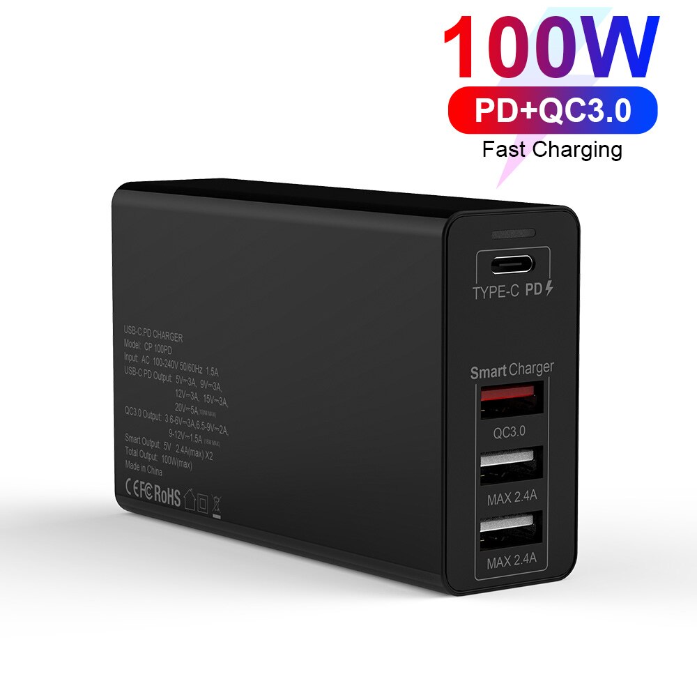 UTBVO 100W 4-port Power Adapter PD100W/65W/45W/18W QC3.0/PPS Charger 5A E-MARK USB C Cable For USB-C Laptops MacBookPro iPhone12: Black / UK / Charger and Cable