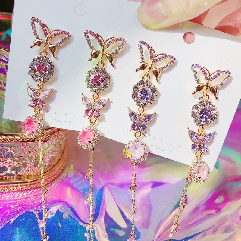 Mengjiqiao Koreaanse Crystal Butterfly Lange Tassel Oorbellen Voor Vrouwen Studenten Party Pendientes Sieraden