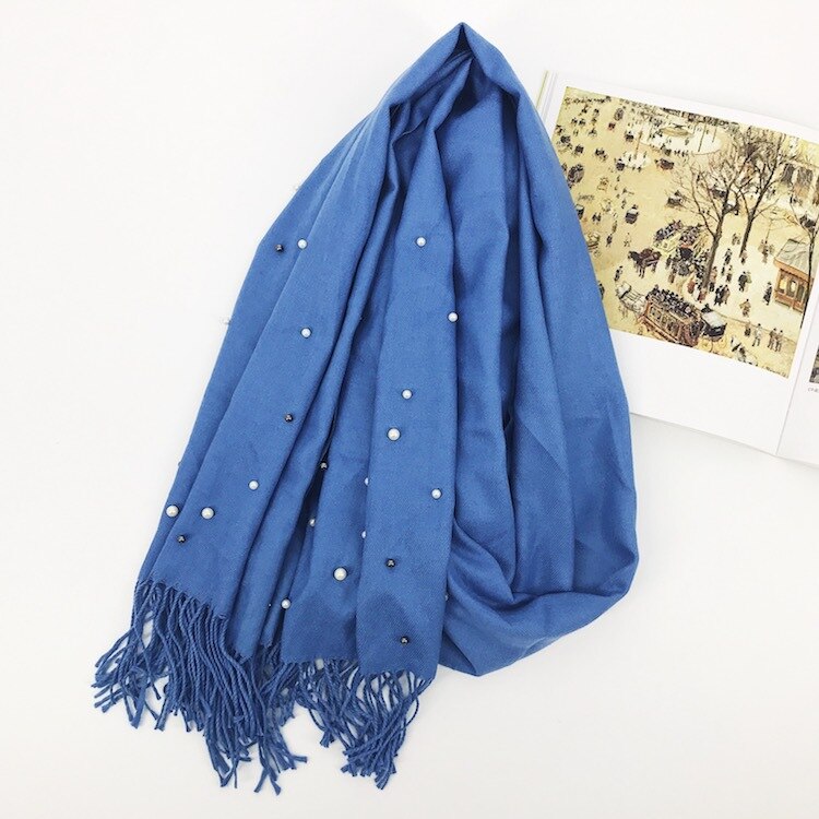 Écharpe de de luxe épais hiver femmes écharpe chaude cachemire étoile perle solide gland châle couverture pour emmailloter Hijab dame écharpe Pashmina: Navy