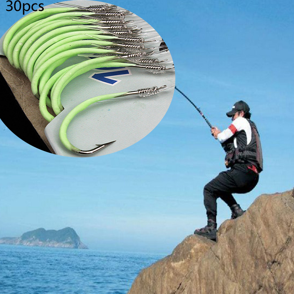 30PCS Fluorescent Reliable Luminous Fishing Tackle Practical With Barbed Line Hook Carbon Steel Portable Fishing Accessories