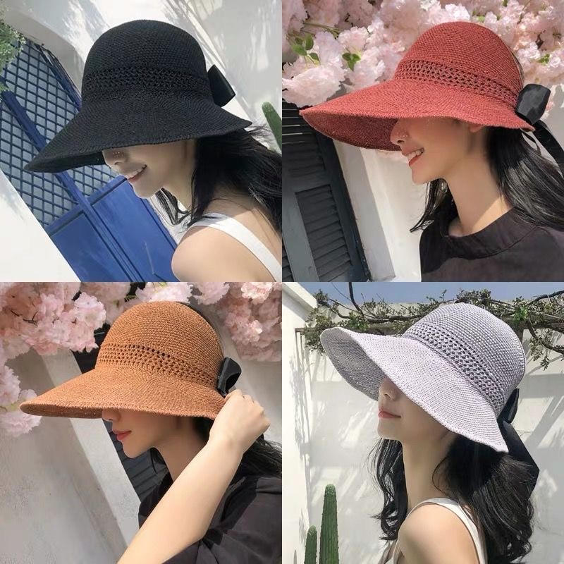 Luna&delfin kvinnor sommar solhatt strand hopfällbar hatt svart rosett khaki solskyddsmedel temperament platt stor brätte halmhattar utomhus