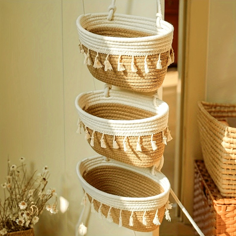 1pcs Handwoven 3-Tier Double Tassel Hanging Basket Wall-Mounted Storage Organizer Woven Basket for Bathroom Kitchen Bedroom: Default Title