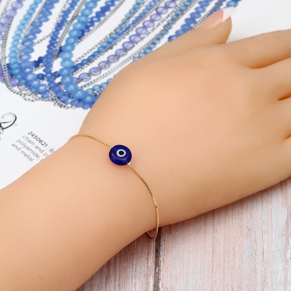 Lucky Eye Blue Turkish Evil Eye Charm Bracelet Gold Color Copper Chain Adjustable Bracelet for Women Girls Jewelry BE73