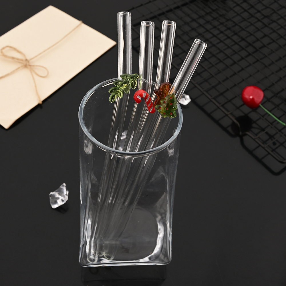 8 szt. Świąteczne Szklane Słomki robić Mleka, Herbaty, Soków, Koktajli z Szczoteczką, Zestaw Szklanych Słomek z Wysokiej Jakości Szkła Borokrzemowego, Akcesoria Kuchenne i Barowe