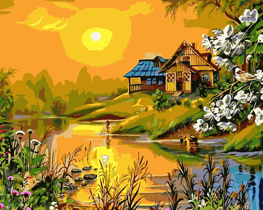 HUACAN peinture à l'huile par numéros coucher de soleil paysage acrylique dessin toile photo pour adulte mur Art décoration bricolage: SZHC1948