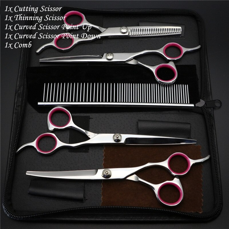 7.0 inch Pet Grooming Scissors Set Straight Curved Shears Cat Dog Cutting Thinning Tesoura for Groomer: 5pcs set
