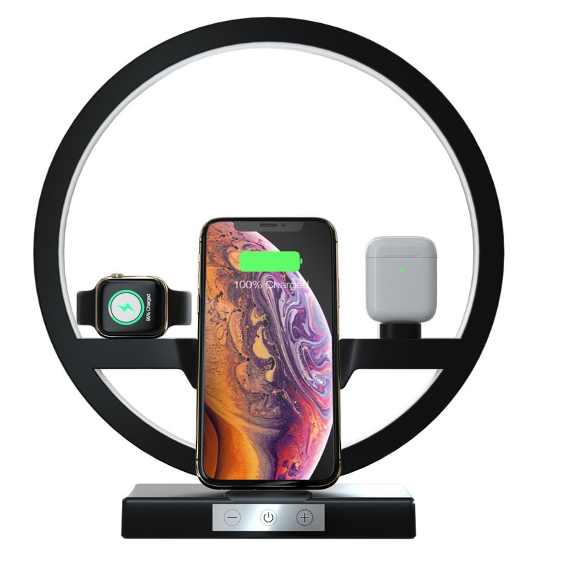3 In 1 Qi Snelle Draadloze Oplader Dock Voor Iphone 11 Pro Max Voor Apple Horloge Iwatch 1 2 3 4 5 Airpods Oplader Houder Led Lamp