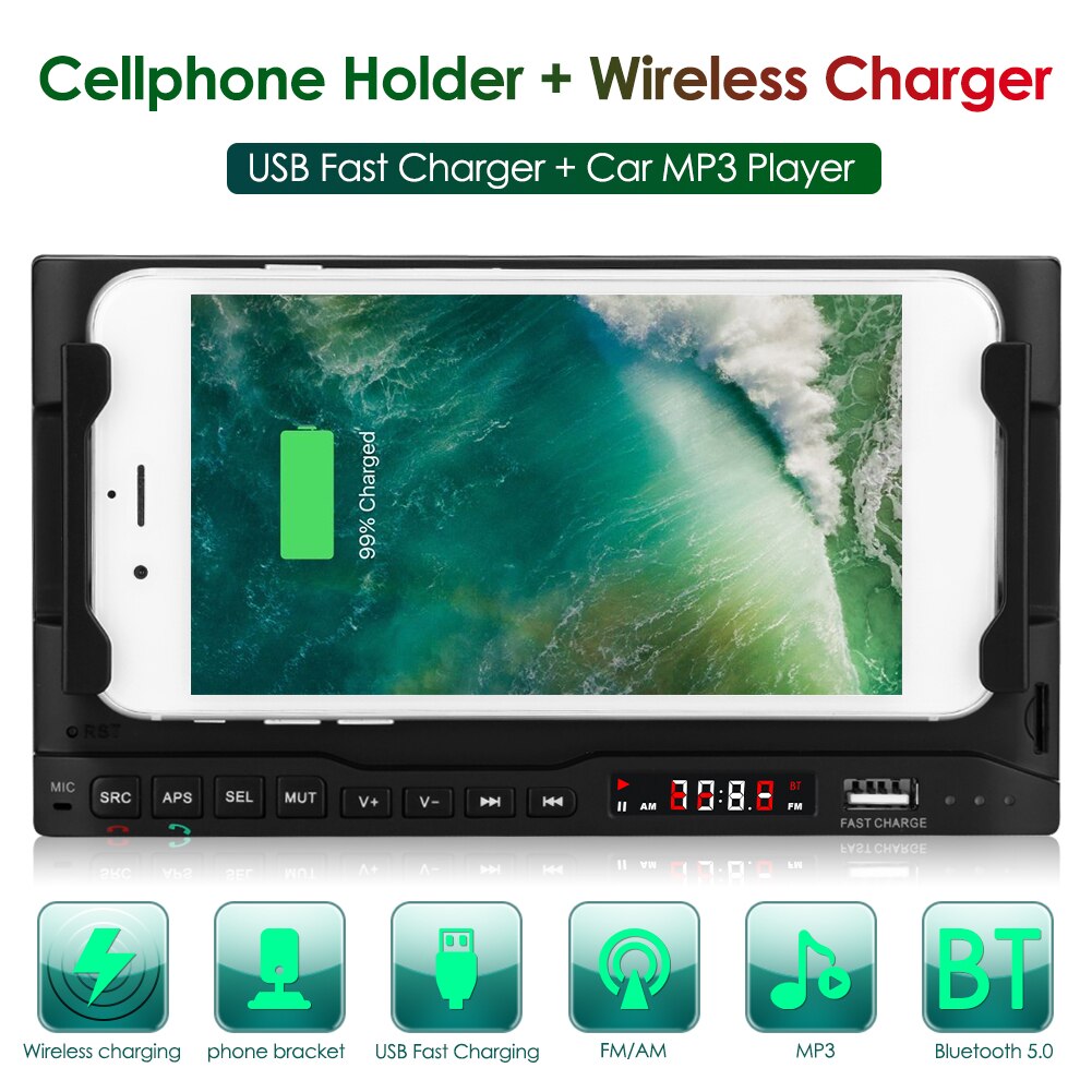 Double 2 DIN AM FM Car Radio Bluetooth MP3 Player + Phone Charging Holder 15W Wireless USB Fast Charger With Multiple protection