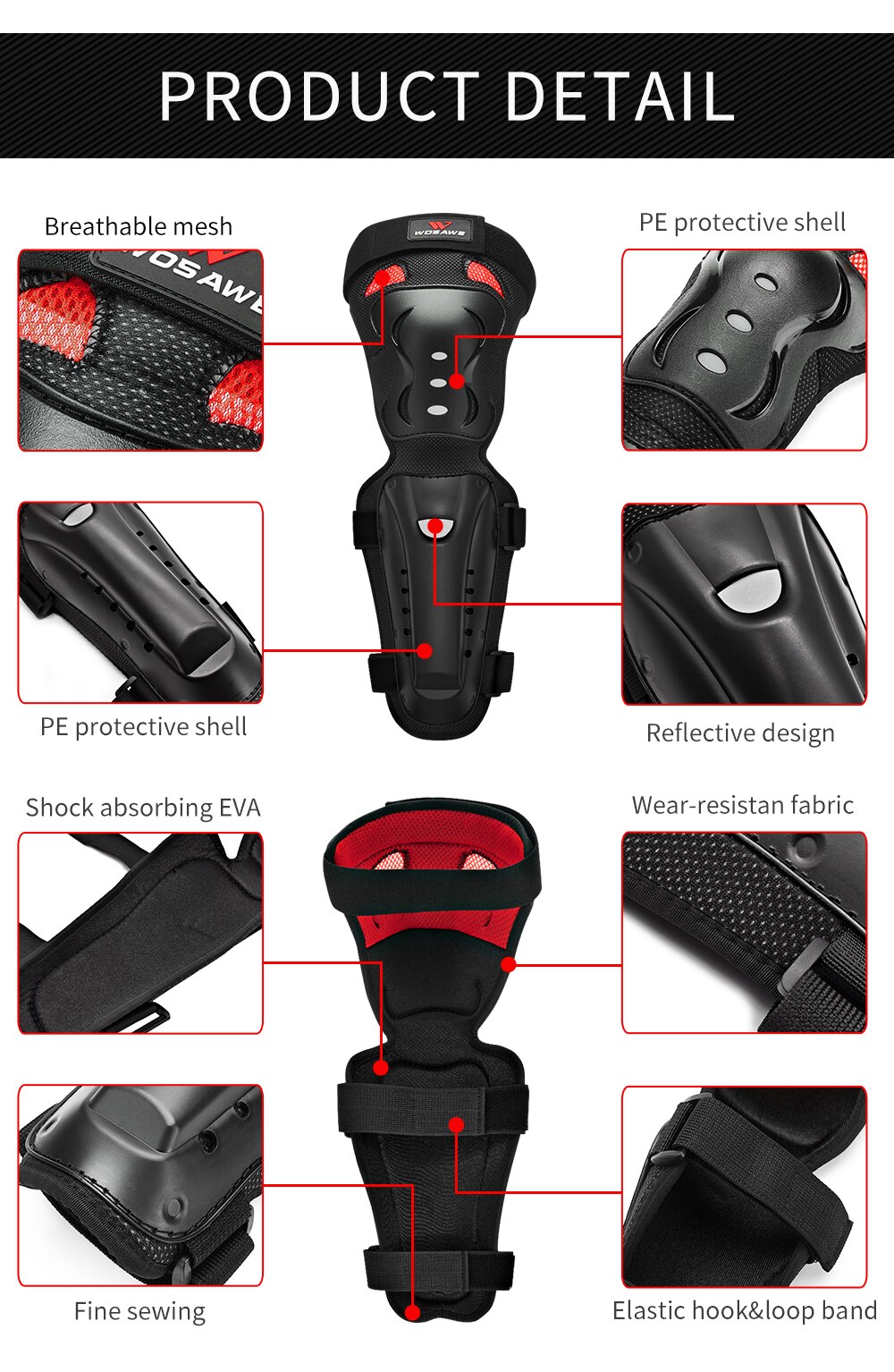 WOSAWE Knee Pads Elbow Pads Suit Black Red Motorcycle Protective Gear Thickening Protection Accessories Reflective Adjustable
