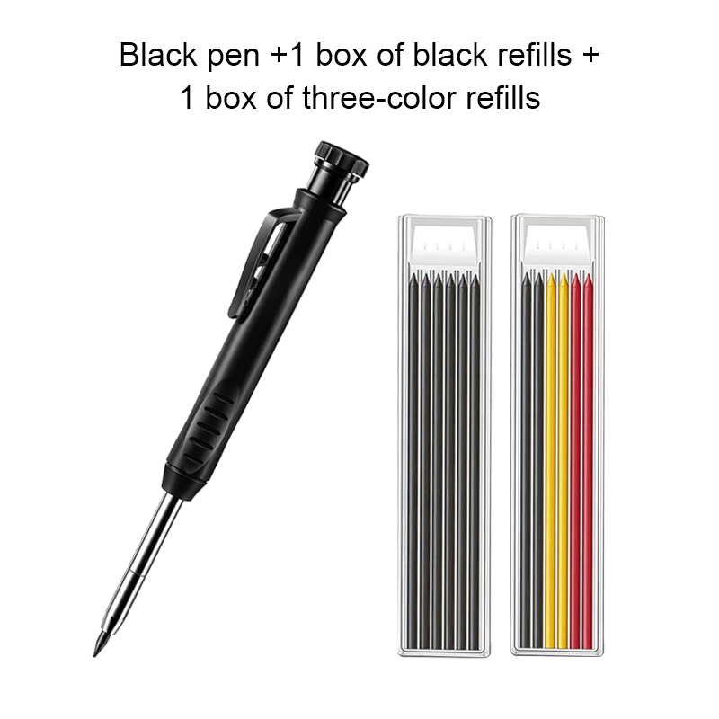 Solid Carpenter Pencil Set Built-in Sharpener with 6 Refill Leads Mechanical Pencil Marking Tool Kit for Woodworking Architect: black
