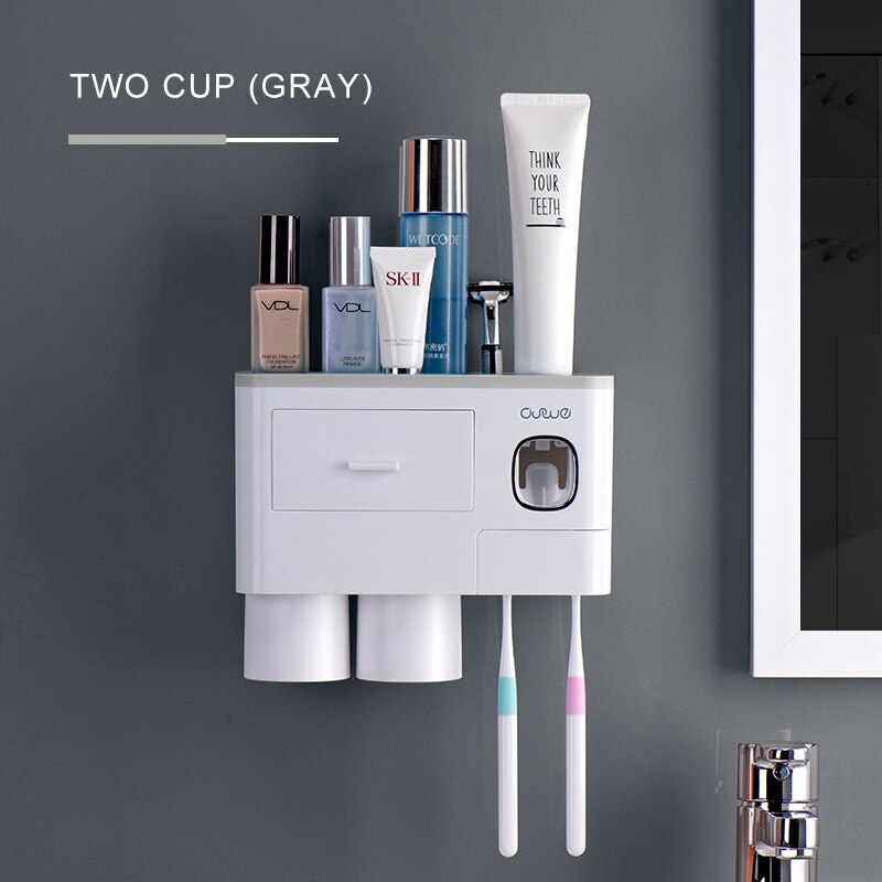 Bathroom Accessories Set Magnetic Adsorption Inverted Toothbrush Holder Automatic Toothpaste Dispenser Squeezer Storage Rack: Two Cups Grey