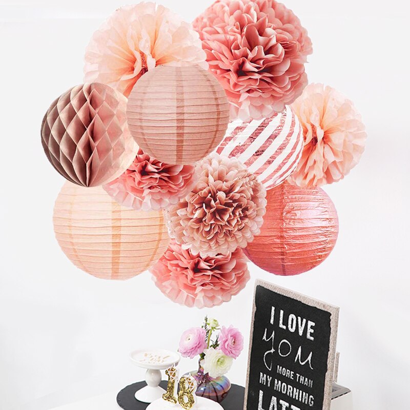 Lanternes rondes chinoises en papier Rose doré, 15 pièces/ensemble, boules de fleurs en papier de soie pour mariage, anniversaire, fête prénatale, décor de mariage