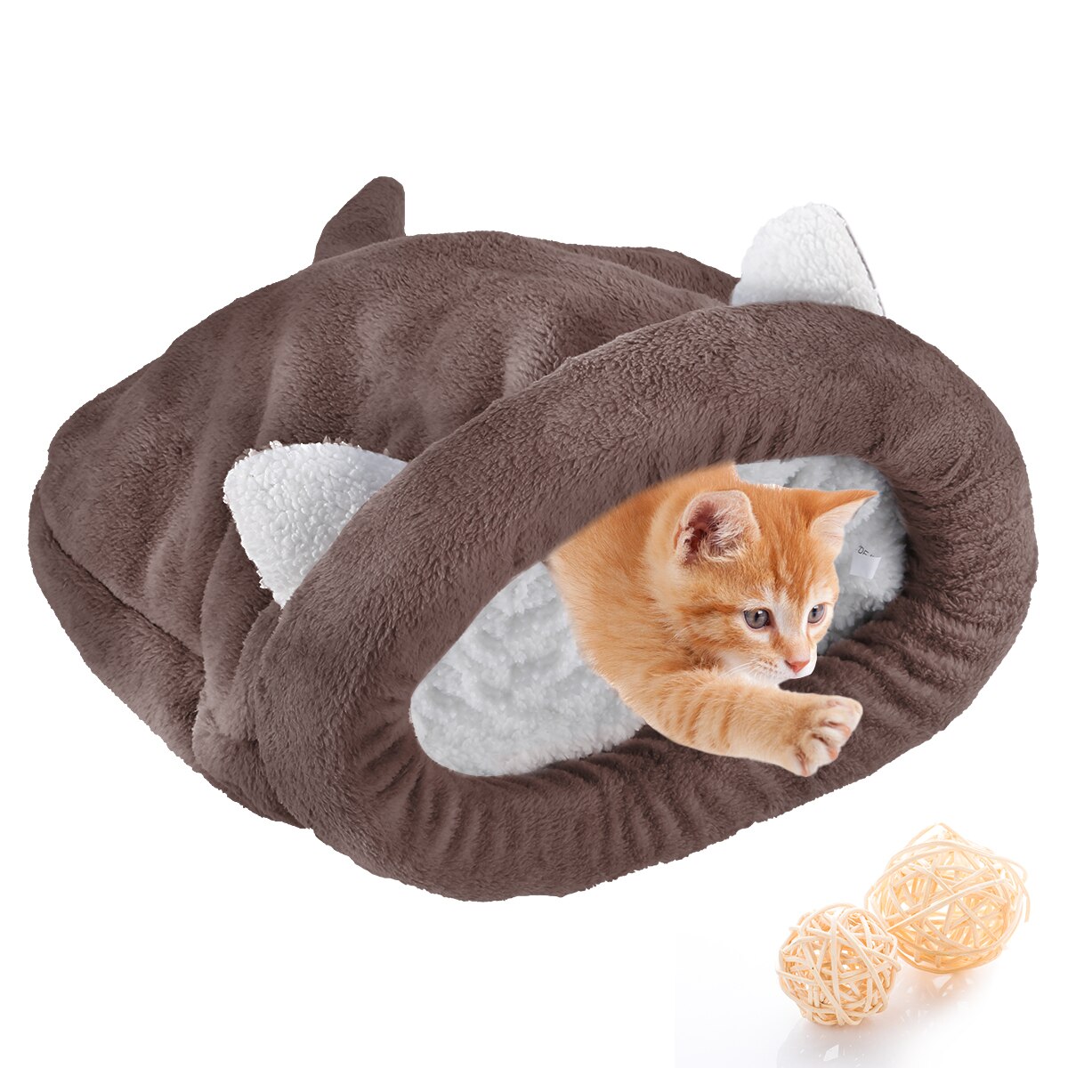 Schattige slaapzak voor katten, warm en comfortabel, premium koraalfleece, bedekt, knuffelbaar bed voor katten, puppy's, konijnen en andere kleine huisdieren: Koffie / Ik