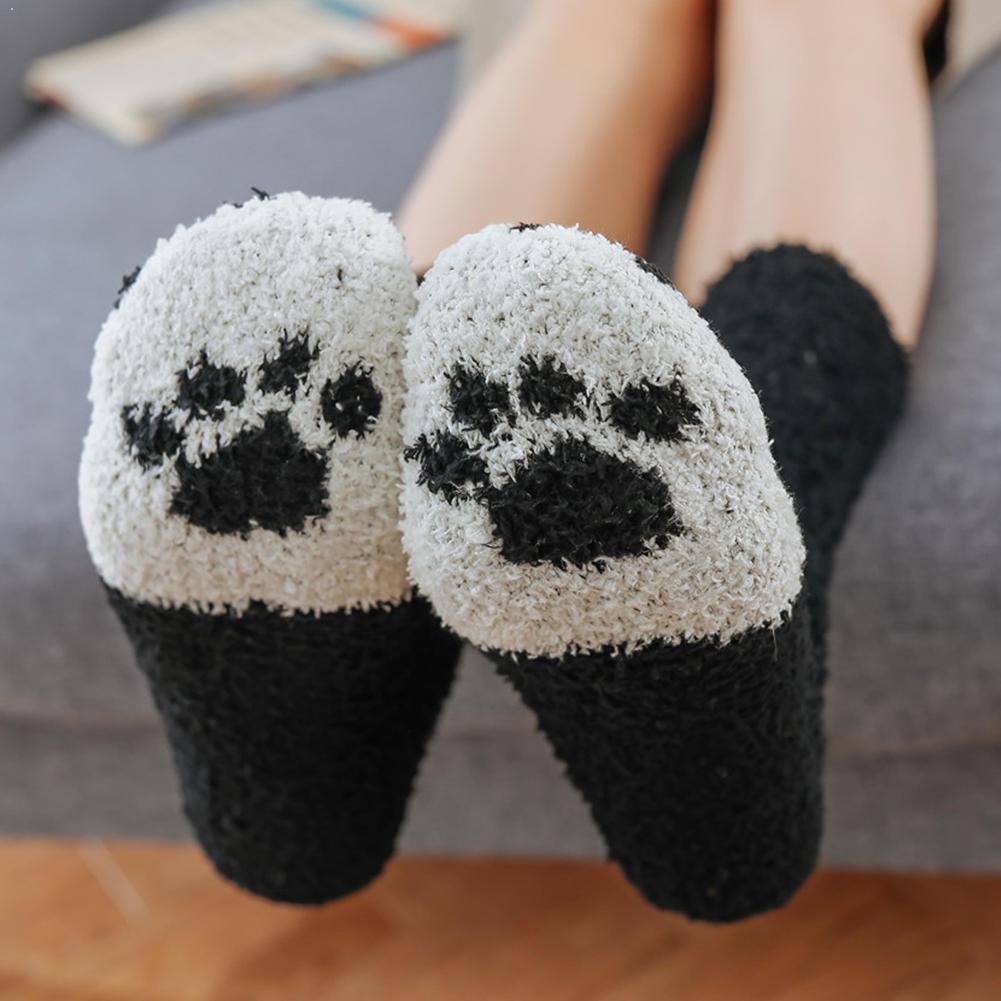 1 par koral fleece sokker fodspor kattepote mønster søvn varm vinter sokker fløjl tegneserie plus batch tykke sokker  e1 o 8