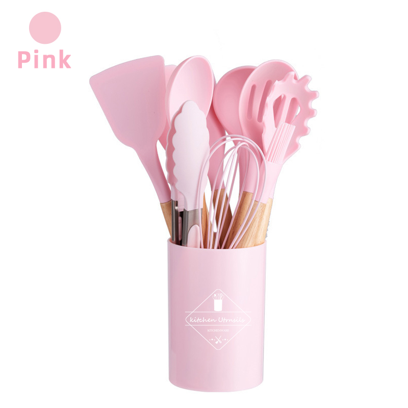 Silicone Kitchen Utensil Set Non-toxic cooking baking kitchen tools silicone shovel spoon scraper brush spade whisk turner: Pink