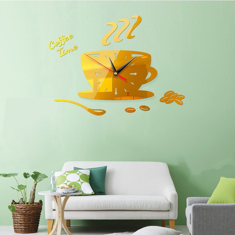 DIY 3D Wall Clock Acrylic Coffee Cup Teapot Decorative Kitchen Wall Clock Living Room Wall Stickers Home Decor Clocks