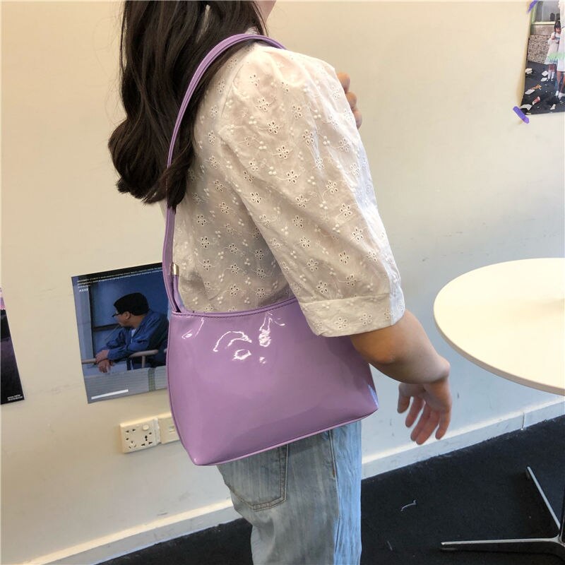 PU Patent Leather Women Handbags Simple Ladies Baguette Shoulder Bags Luxury Female Armpit Bag Tote Green Blue: Purple