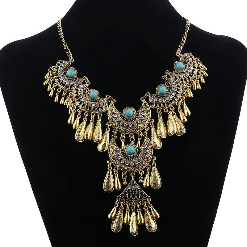 Collares llamativos étnicos exagerados Vintage para mujer, collares con borlas de gota de agua talladas de Color plata antigua, joyería Bohemia