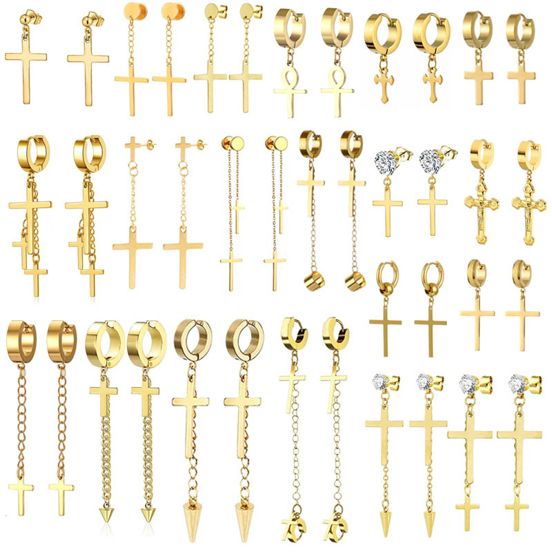 WKOUD-pendientes de aro con forma de cruz para hombre y mujer, joyería colgante, Color dorado, minimalista, delicado