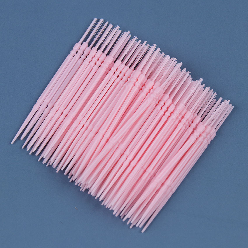 100 PCS Duplo-Headed Higiene Bucal Escova Escolha Interdental Escova de Dentes Varas de Limpeza Oral Floss Palito de Plástico: Rosa