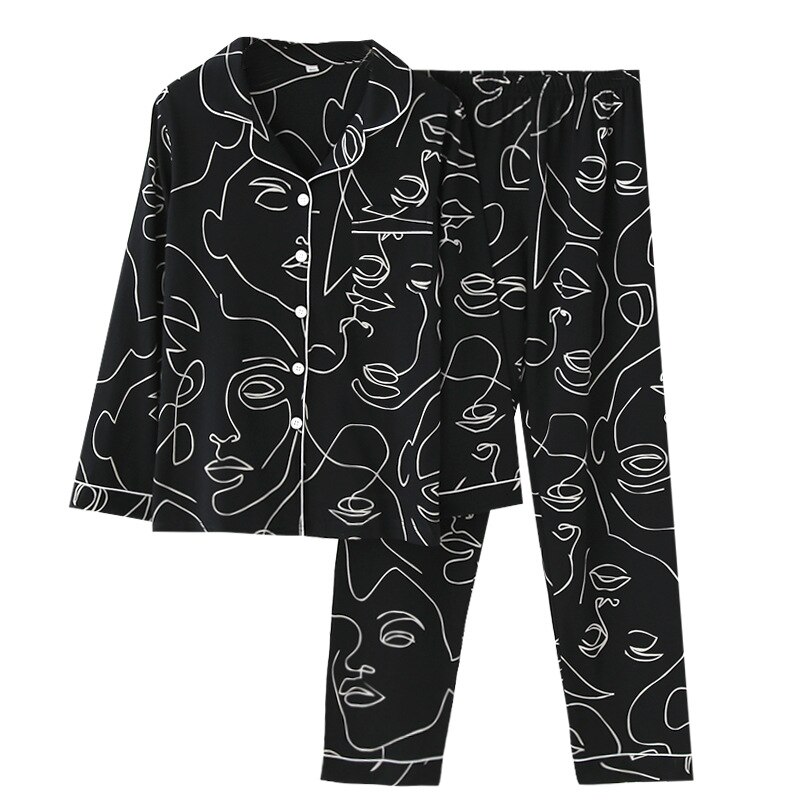 Katoen Nachtkleding Lente Utumn En Winter Mannen Pyjama Suits Lange Mouw Paar Nachtkleding Paar Pyjama Mens Womens Mannen 'S Tops: Women Black / XL